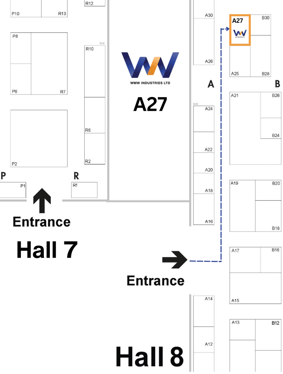 FILTECH 2026 Hall 8 floor plan — WMW Industries Booth A27 highlighted in orange